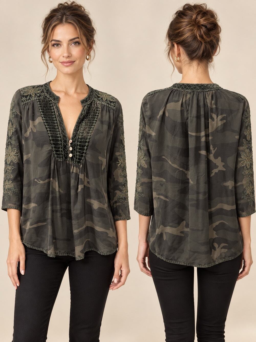 Johnny Was Workshop XS Silk Camo Embroidered Velvet 3/4 Sleeve Boho Blouse